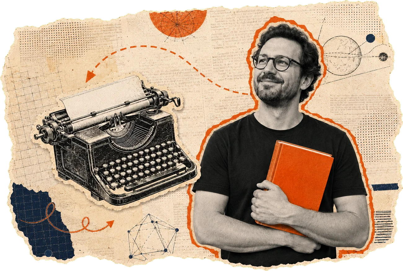 Un autor con su libro recién publicado, junto a una máquina de escribir